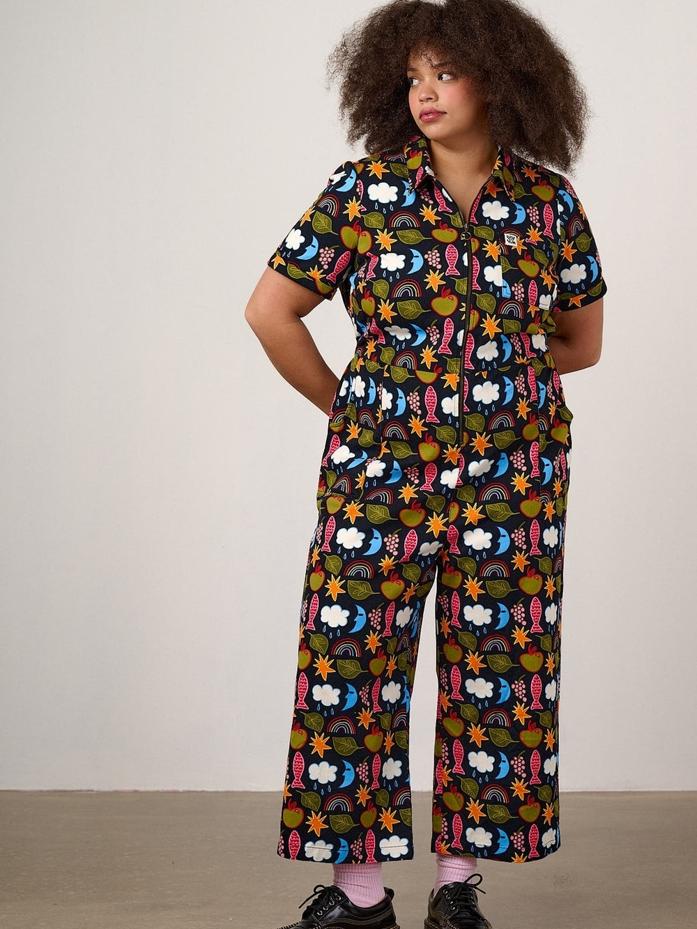 Lucy & Yak Black Jumpsuit with Multicolor Celestial Print